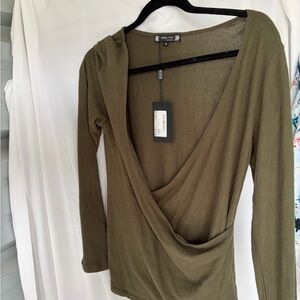 Green Wrap-Style V-Neck Long Sleeve Top